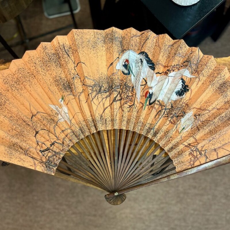 Crane Painted Fan
As is some tearing
Orange, White, Brown
Size: 33x17H