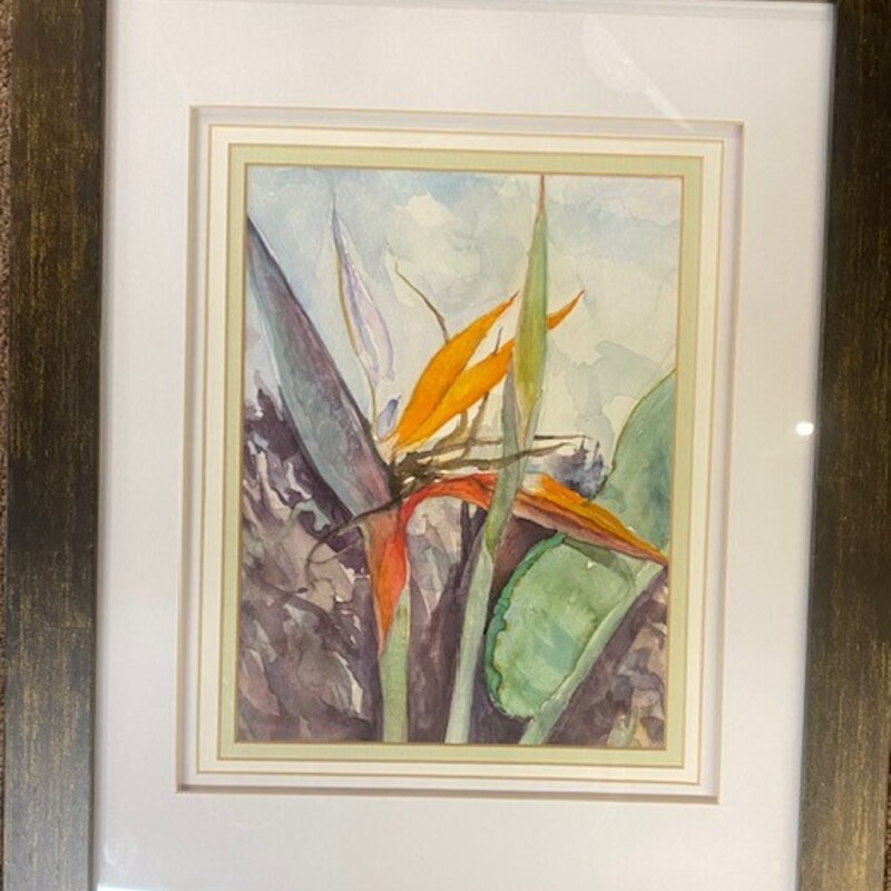 Bird of Paradise Watercolor
Blue Green Orange in Brown Gold Frame
 Size: 13x16H