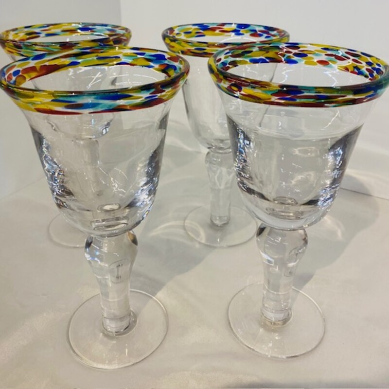 Mexican Confetti RimGoblets
Clear Red Blue Yellow Rim on Clear Glass
Size: 5x8H
Thick Glass
Set of 4