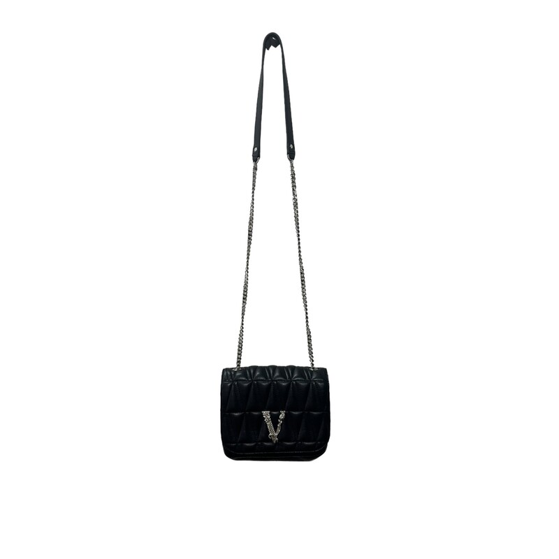 Versace Vitrus, Black, Size: Small<br />
<br />
Dimensions:<br />
7in wide x 6in high x 3.5in deep<br />
Shoulder strap drops 20in