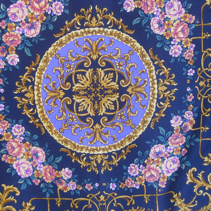 Pierre Balmain Sm Silk Sq, Blue, Size: 22.5 Sq<br />
Pretty silk sqaure by Parisian designer Pierre Balmain.<br />
 Navy blue with pink yellow teal and periwinkle leaves and flowers surrounded by gold scroll elements<br />
silk twill<br />
22.5 square.<br />
<br />
Excellent vintage condition, no flaws<br />
<br />
thanks for looking!<br />
#74011