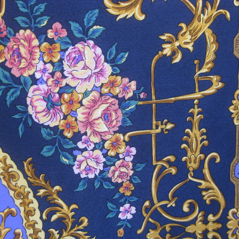 Pierre Balmain Sm Silk Sq, Blue, Size: 22.5 Sq<br />
Pretty silk sqaure by Parisian designer Pierre Balmain.<br />
 Navy blue with pink yellow teal and periwinkle leaves and flowers surrounded by gold scroll elements<br />
silk twill<br />
22.5 square.<br />
<br />
Excellent vintage condition, no flaws<br />
<br />
thanks for looking!<br />
#74011