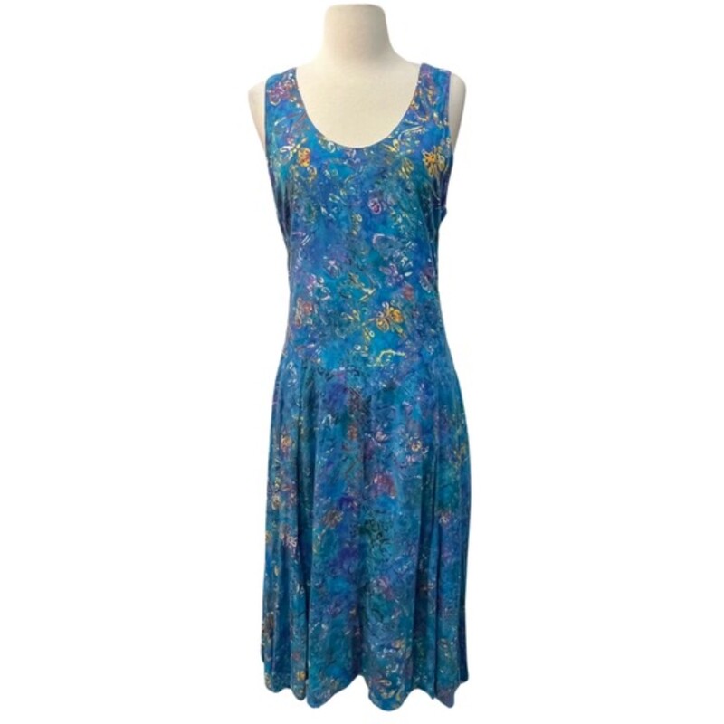 Eagle Ray Traders Batik Print Dress<br />
100% Rayon<br />
With Pockets!<br />
Teal,  Moss, Yellow, Purple, and Burnt Orange<br />
Size: Large