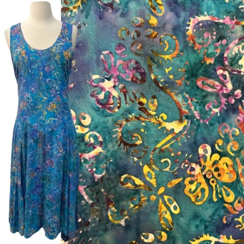 Eagle Ray Traders Batik Print Dress
100% Rayon
With Pockets!
Teal,  Moss, Yellow, Purple, and Burnt Orange
Size: Large