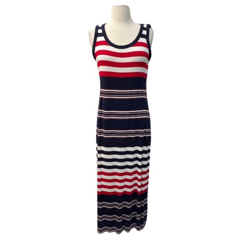 Style&Co Striped Maxi Dress<br />
Patriotic<br />
Sleeveless<br />
Color: Red, White, and Navy Blue<br />
Size: Medium