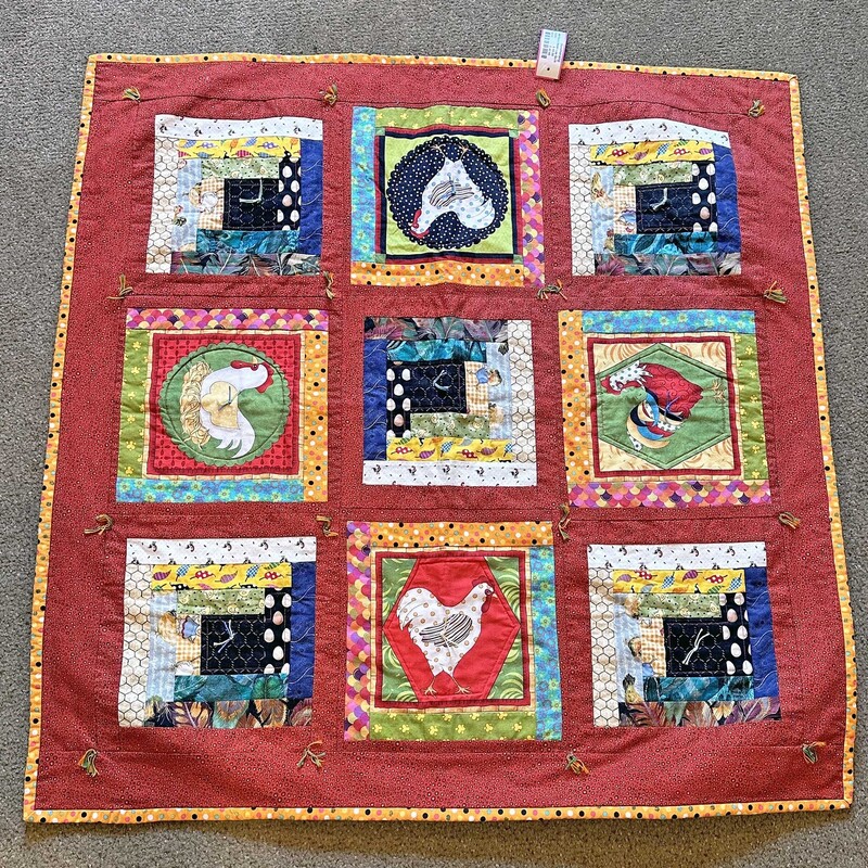 Hand Made Chick Motif Lap Quilt

34 In Square
Bright Colors!