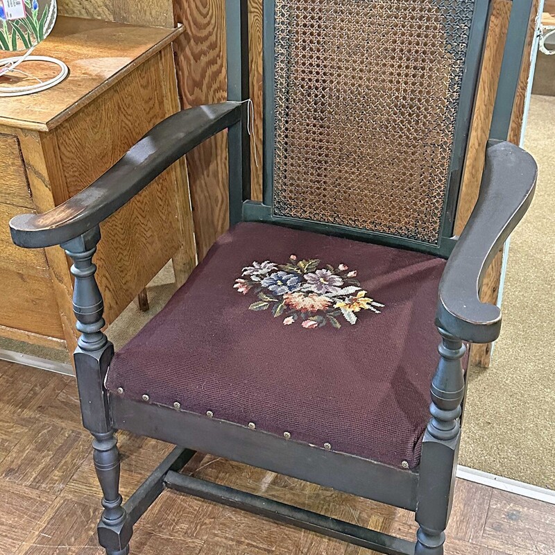 Vintage Caned Back/Cross Stitched Seat

Dark Brown Wood, Brown Cane, Maroon Upholstered
Cross Stitched Seat

38 In H x 26 In W x 19 In D
