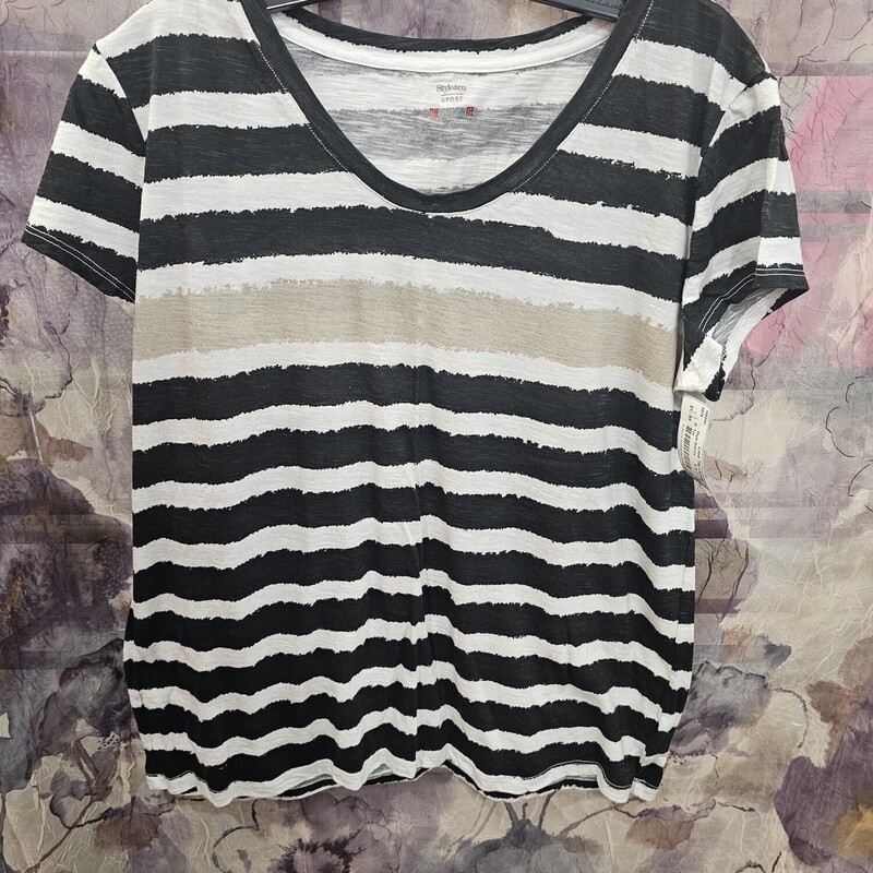 Short sleeve tee in white with black and beige striping.