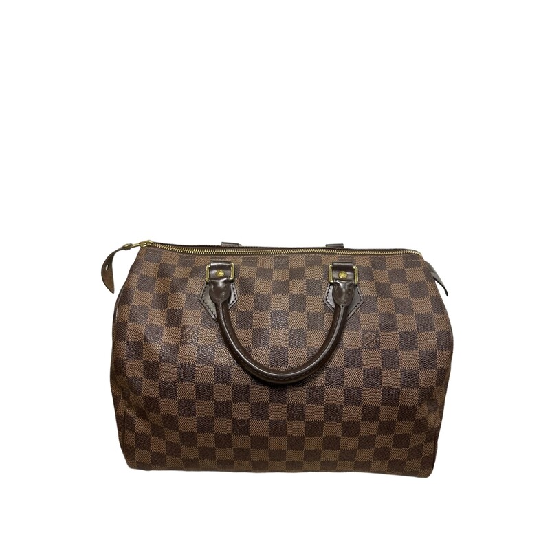 Louis Vuitton Speedy, Ebene, Size: 30

Date Code: SD2150

Minor wear on handels.

Dimensions:
Handle Drop: 4
Height: 9.75
Width: 12.25
Depth: 6.75