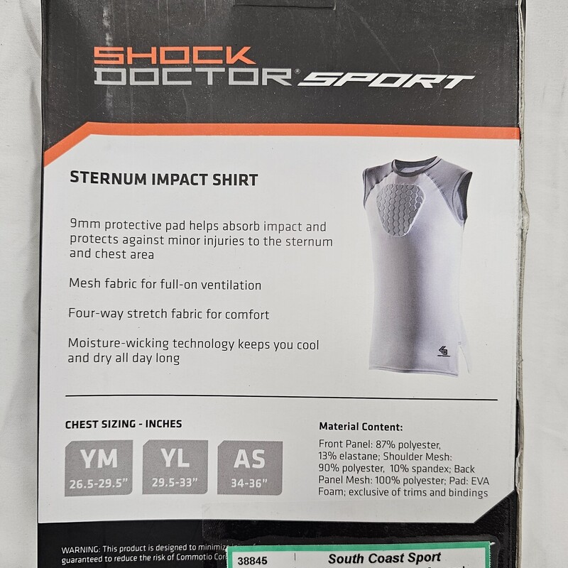 Shock Doctor Sternum Impact Shirt, Apparel, Size: Yth L
