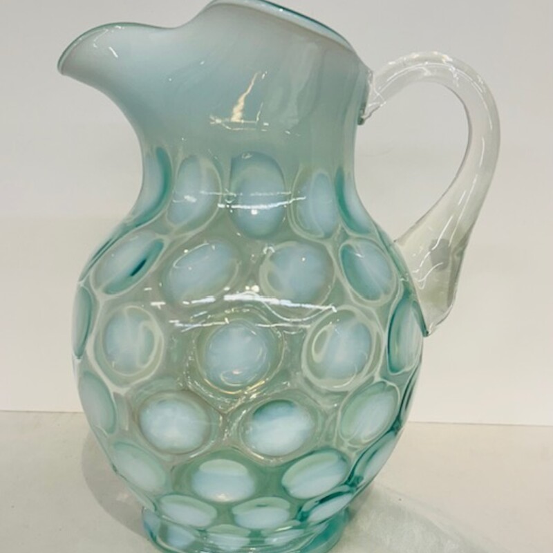 MMA Fenton Art Glass Opalescent Coin Dot Pitcher
Green White
Size: 6 x 7 x 10H