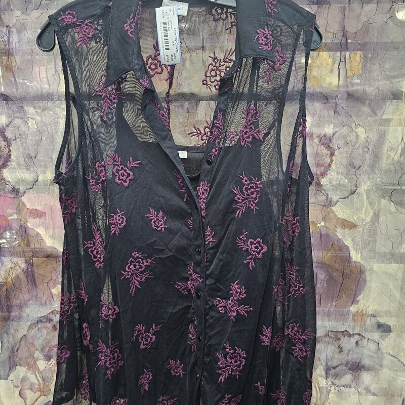 Sleevless sheer black button up top with plum colored floral embroidered design and a  solid black tank underneath
