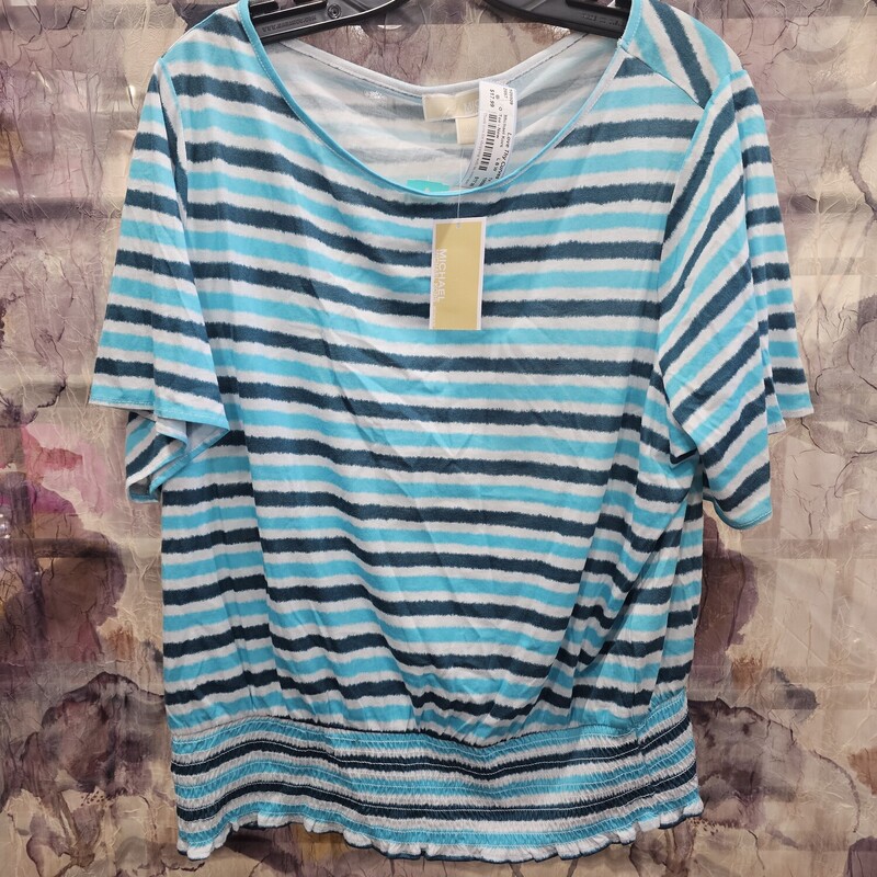Short sleeve tee in a cute stripe of teals and white with banded waist and brand new with tags.
