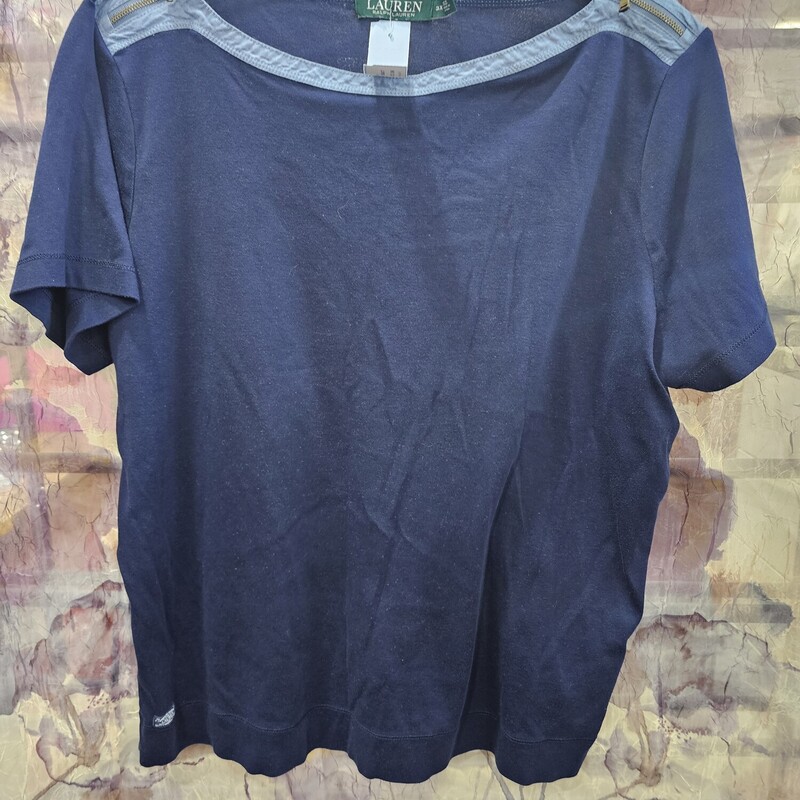 Short sleeve navy tee with denim trim and zipper on the shoulders