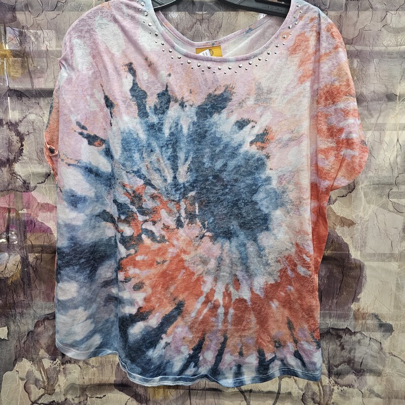 Super cute short sleeve tee in a multi colored tie dye print with metallic bling