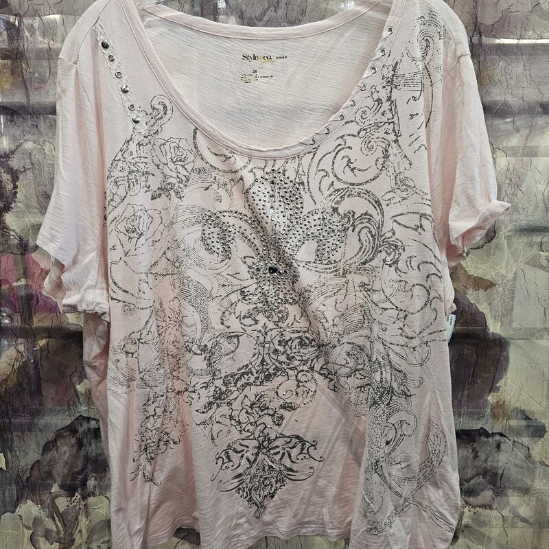 Short sleeve tee in a soft pink with a fun blinged out graphic in silver