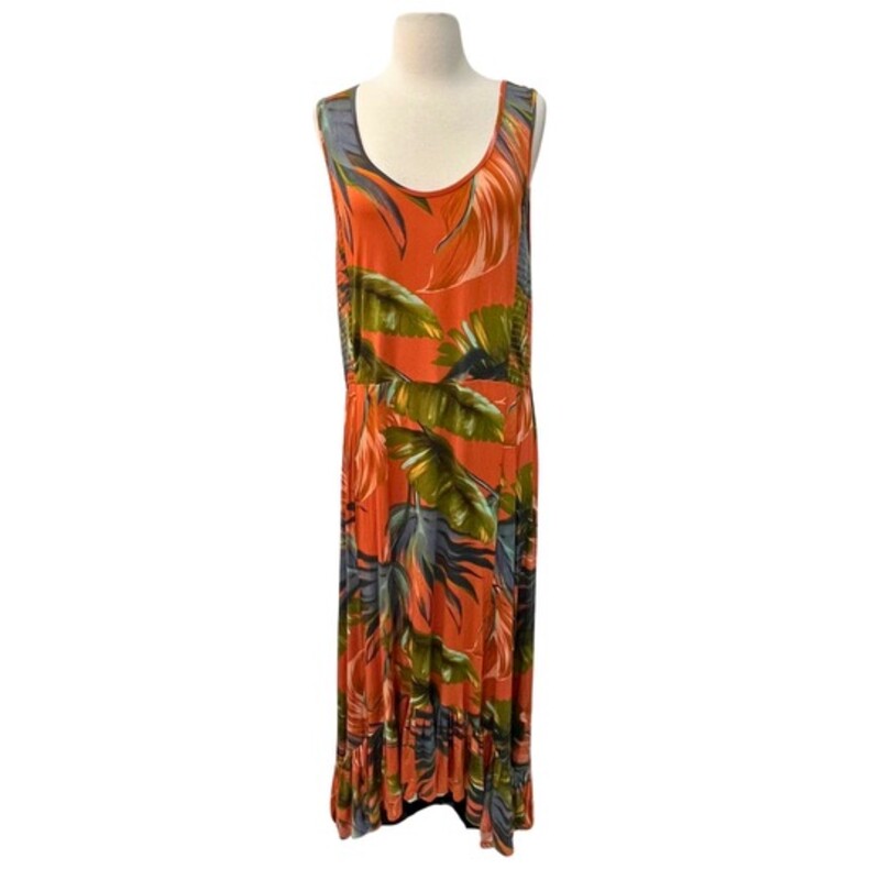 New Soft Surround Fabiana<br />
Rouille Palm Print<br />
Sleeveless<br />
Smocked Detail<br />
Slight Hi-Lo Ruffle Bottom<br />
Rayon & Spandex<br />
Spice with Olive Green, Gray, Peach and Aqua<br />
Size: XL<br />
Retails for $120.00