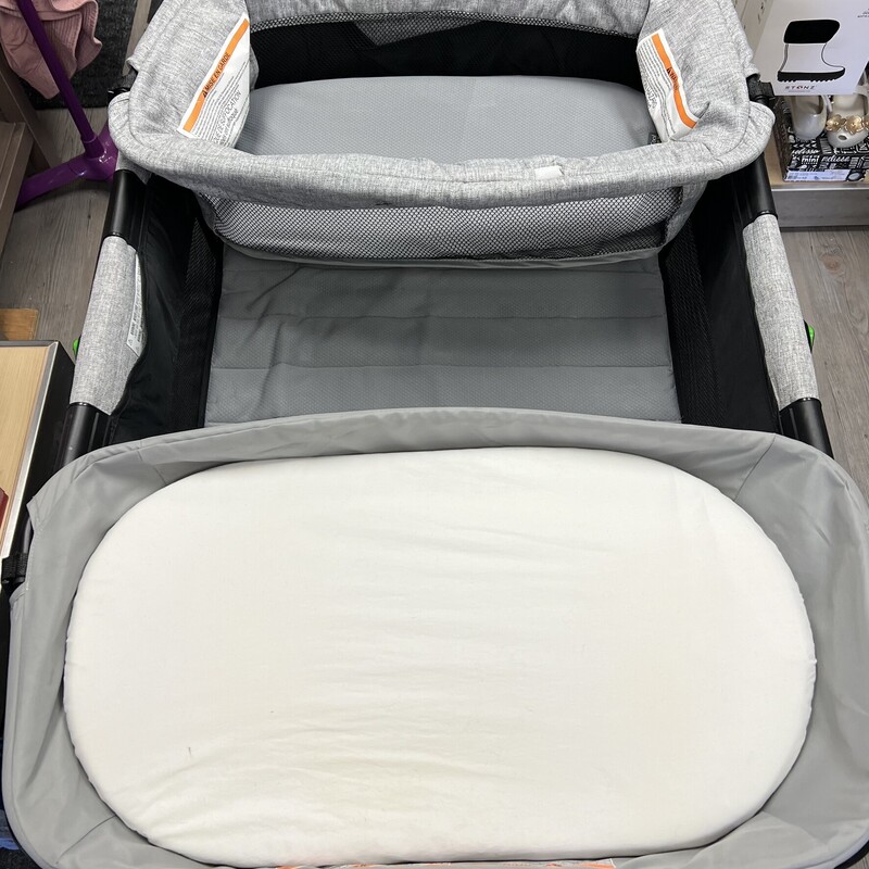 Safety First Pack N Play, Grey, Size: Safe Stages<br />
Comfort cool technology in the newborn bassinet and full-size bassinet, wicks moisture and heat away from baby to keep them cool, dry, and comfortable<br />
Easy fold, full-size playard with removable infant bassinet and changer<br />
Flip out of the way changer and napper allows easy storage when not in use<br />
Removable toy bar with soft plush toys on newborn napper<br />
Premium fabrics and fashion forward design<br />
<br />
The Safe Stages Playard with Comfort Cool is the ultimate retreat for baby. Comes complete with everything baby needs for rest and play. The Comfort Cool technology in the newborn basinet and full-size bassinet, wicks moisture and heat away from baby to keep them cool, dry, and comfortable. The newborn bassinet comes with a toy bar and soft plush toys that engages baby when awake. The changer is wipeable and has a clip and flip feature that allows for easy out of the way storage when not in use. The storage pockets are handy for extra diapers, wipes and necessities. The Safe Stages playard folds quickly for easy transport in the travel bag.