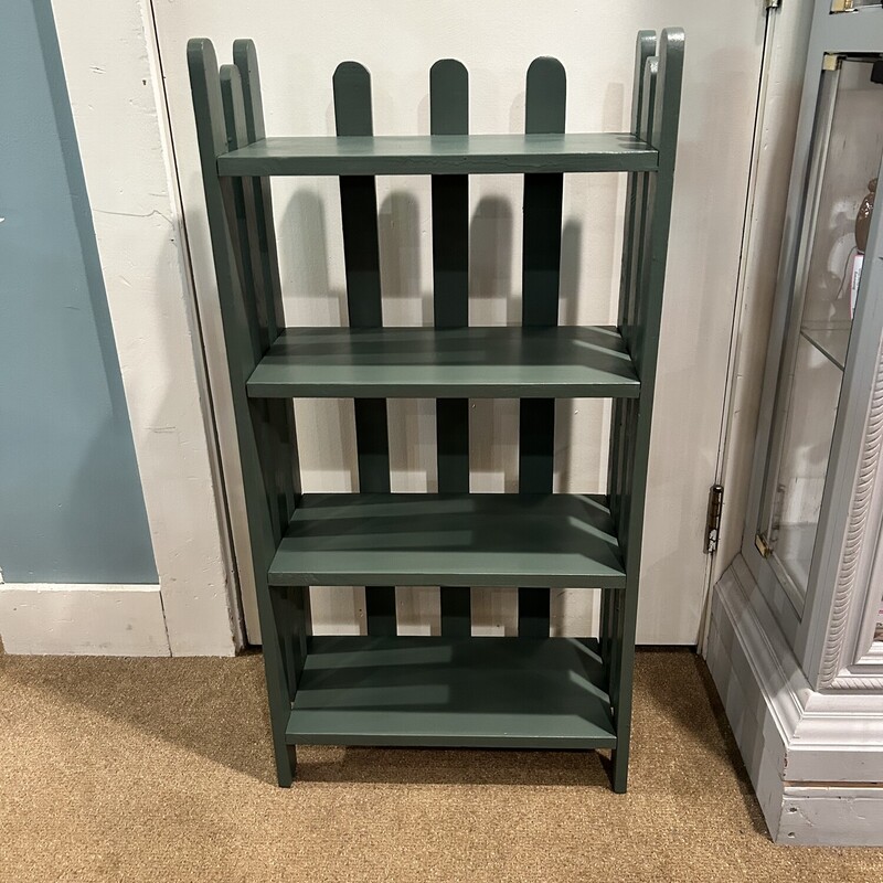 Green 4 Shelf Bookshelf
Size: 19x9x38
Great slat style shelving unit that could be used as a bookshelf or what ever you want.  Painted a great green Color.