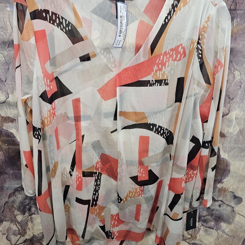 Half to three quarter sheer sleeve blouse that is brand new with tags, This blouse is cream with a tan orange and black pattern.