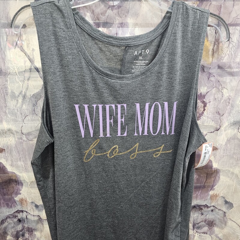 Grey knit tank with Wife Mom Boss graphic on the front.