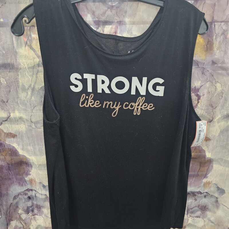 Black knit tank with Strong Like My Coffee graphic on the front.