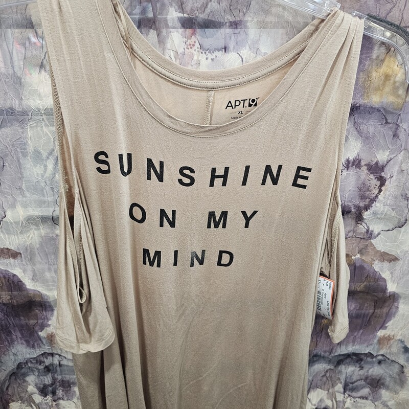 Cold shoulder tee in a soft tan with Sunshine On My Mind graphic