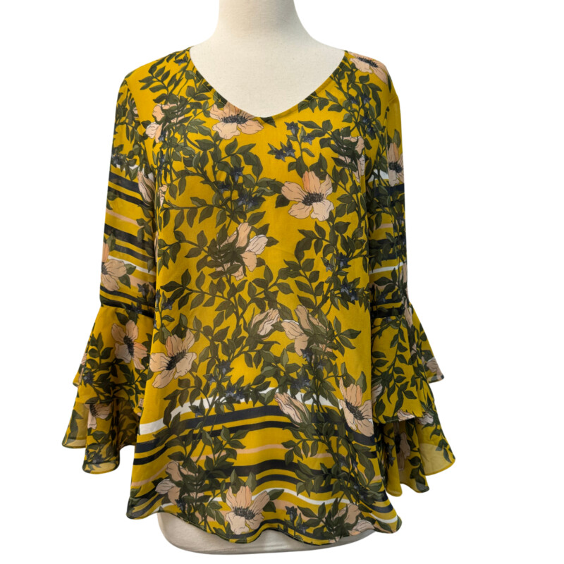 CAbi Scene Floral Top<br />
With Bell Sleeves<br />
Yellow with Olive Blue and Pink<br />
Size: Small