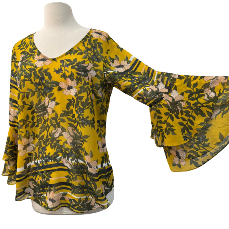 CAbi Scene Floral Top<br />
With Bell Sleeves<br />
Yellow with Olive Blue and Pink<br />
Size: Small