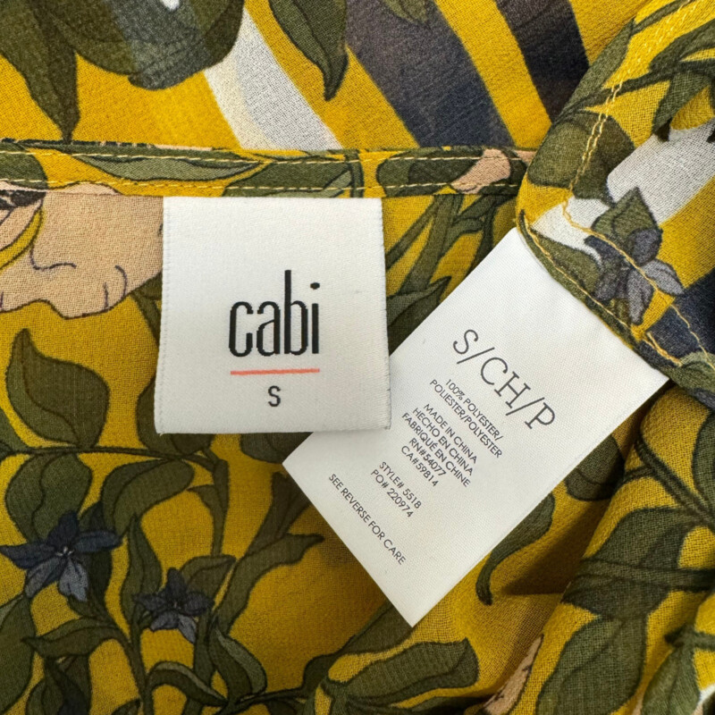 CAbi Scene Floral Top<br />
With Bell Sleeves<br />
Yellow with Olive Blue and Pink<br />
Size: Small