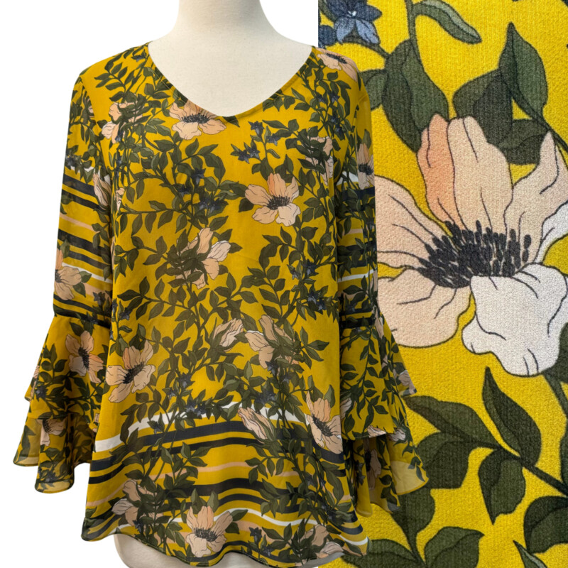 CAbi Scene Floral Top
With Bell Sleeves
Yellow with Olive Blue and Pink
Size: Small