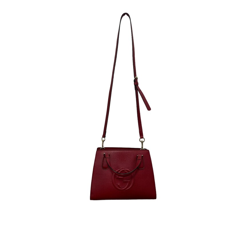 Gucci Soho Tote, Red, Size: Small<br />
<br />
Style Code:<br />
607722 525040<br />
<br />
Dimensions:<br />
Length: 10.25 (26 cm)<br />
Height: 7.75 (19 cm)<br />
Depth: 5 (12 cm)<br />
Strap Drop: 3.5 (8 cm)/ 24 (60 cm)<br />
Made in Italy