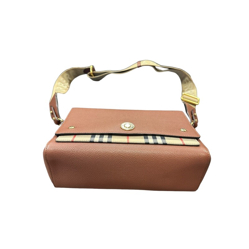 Burberry Note Crossbody, Tan, Size: Medium<br />
<br />
Dimensions:<br />
7.1H x 9.8W x 3.3D<br />
Removable/adjustable shoulder strap, 15-23.2 drop.<br />
<br />
Burberry Note crossbody bag in grainy calf leather with signature vintage check canvas panel.