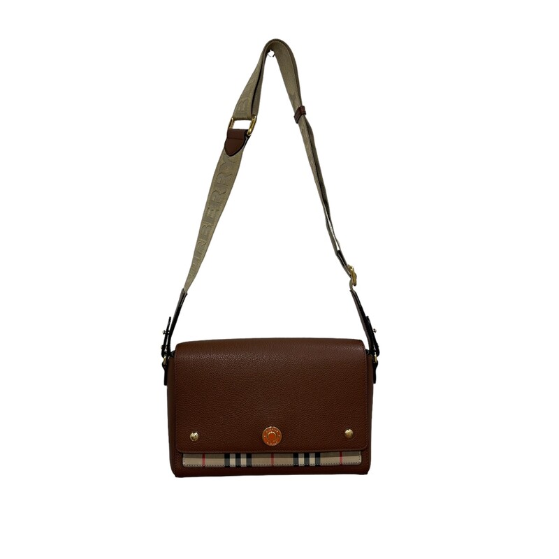 Burberry Note Crossbody, Tan, Size: Medium<br />
<br />
Dimensions:<br />
7.1H x 9.8W x 3.3D<br />
Removable/adjustable shoulder strap, 15-23.2 drop.<br />
<br />
Burberry Note crossbody bag in grainy calf leather with signature vintage check canvas panel.