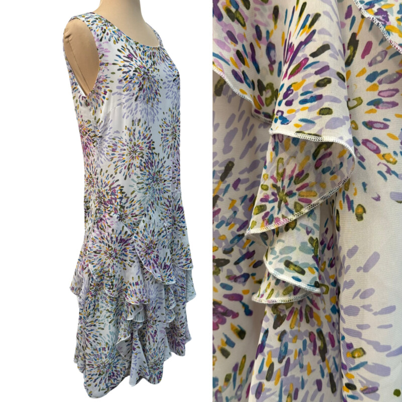 Lennie by Nina Leonard<br />
Beautiful Sleeveless Ruffled Dress<br />
With a Color Burst Print<br />
Colors: White, Purple, Fuchsia, Lilac, Teal, Aqua, Olive, and Yellow<br />
Size: 10