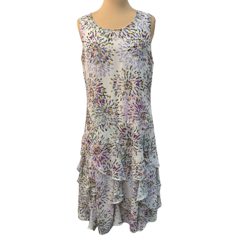 Lennie by Nina Leonard<br />
Beautiful Sleeveless Ruffled Dress<br />
With a Color Burst Print<br />
Colors: White, Purple, Fuchsia, Lilac, Teal, Aqua, Olive, and Yellow<br />
Size: 10