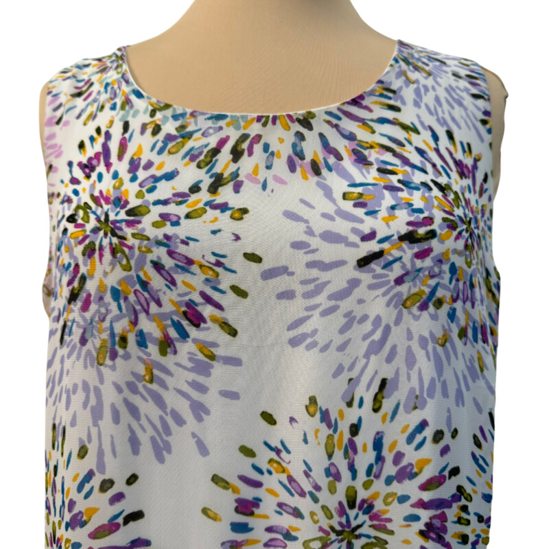 Lennie by Nina Leonard<br />
Beautiful Sleeveless Ruffled Dress<br />
With a Color Burst Print<br />
Colors: White, Purple, Fuchsia, Lilac, Teal, Aqua, Olive, and Yellow<br />
Size: 10