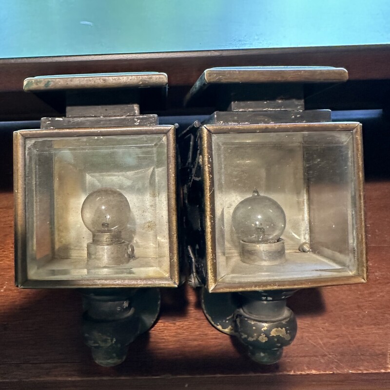 Pair Ant. Carriage Lamps,
 Size: 3 X 6
Pair of original carriage lanterns with beveled glass.