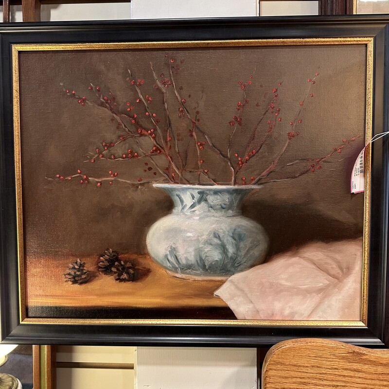 Pot With Berries Oil Painting
Size: 22x18
Original oil painting by Joan Barnum beautifully framed in black with gold inner edge