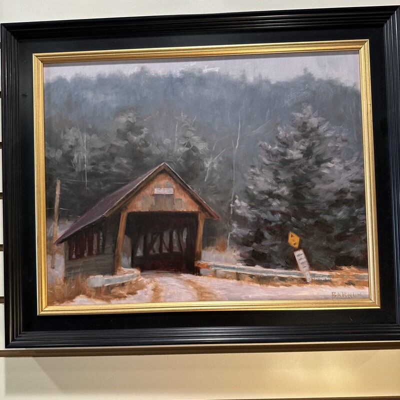 Covered Bridge Oil Painting
Size: 22x18
Original painting byJoan Barnum beautifully framed
in black with gold around inner edge.