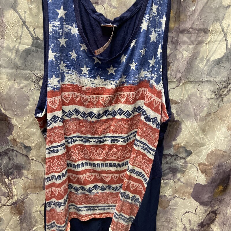 Knit tank with solida navy back panel and patriotic front with bling for added flair.