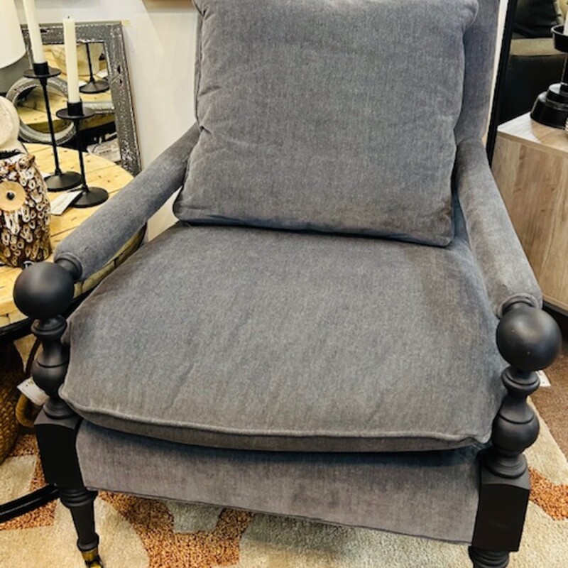 CR Laine Bradstreet Living Chair
Gray Black Size: 31 x 33 x 37H
Retails: $1900+
This chair offers clean lines with an ornate detailing on the arm. Wrapped in Droplet Rain fabric with gray piping and a gray finish accented with brass front casters. A fun, modern twist on a traditional frame!