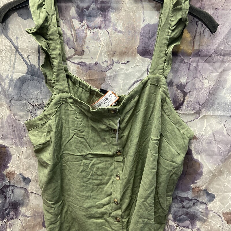 Brand new with tags, this tank top is done in an army green and has ruffled straps
