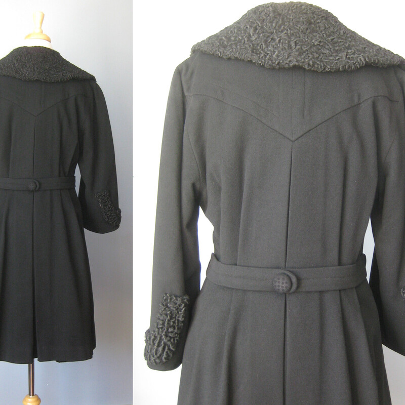 Vtg 40s Wool P. Lamb, Black, Size: Small<br />
This gorgeous black coat from the 1940s or 50s features a large collar and cuffs trimmed in black persian lamb, a fitted waist and a full skirt. It has an attached half belt across the back waist.    It has four buttons arranged in double breasted style.  The fabric is smooth wool.   Fully lined with pockets.  the lining is a charmuese satin and between it and the outer body of the coat is a thick insulation layer.<br />
 So this coat is built for style and function and will keep you toasty warm in any weather.<br />
<br />
The dramatic silhouette works for day or evening looks.<br />
<br />
Here are the flat measurements, please double where appropriate:<br />
Should to shoulder: 17<br />
Armpit to Armpit: 21.5<br />
Waist: 18<br />
Hip: 25.5<br />
Length: 40.25<br />
<br />
Excellent vintage condition, no flaws!<br />
Thank you for looking.<br />
#70405