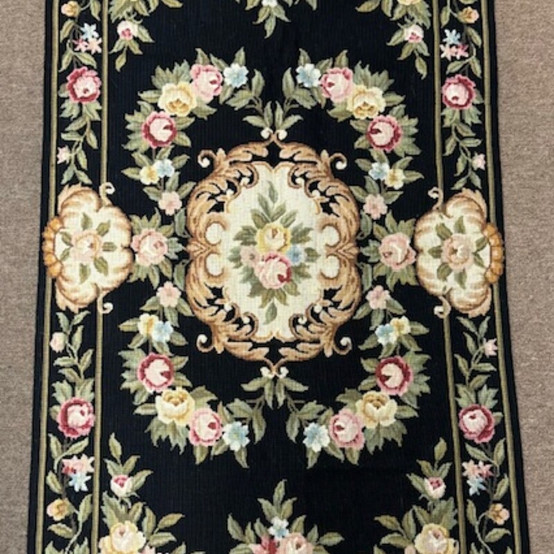 Needlepoint Formal Rug
Black, Cream, Green, Pink
 Size: 4x6H