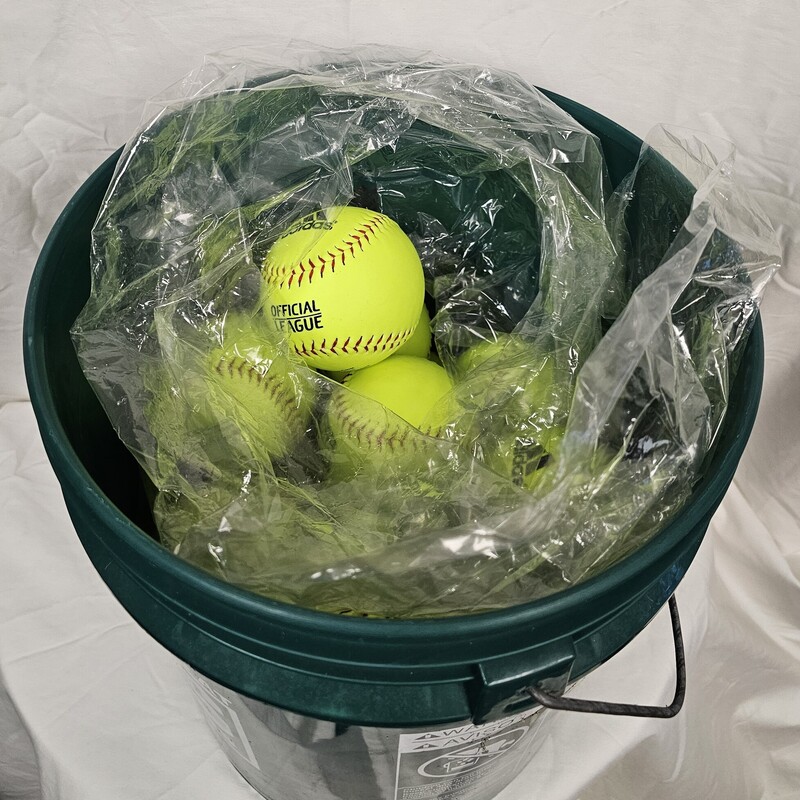 New Adidas Bucket Of Balls, Qty 18, 11in. Yellow Softballs, Dick's Sporting Goods bucket with padded lid