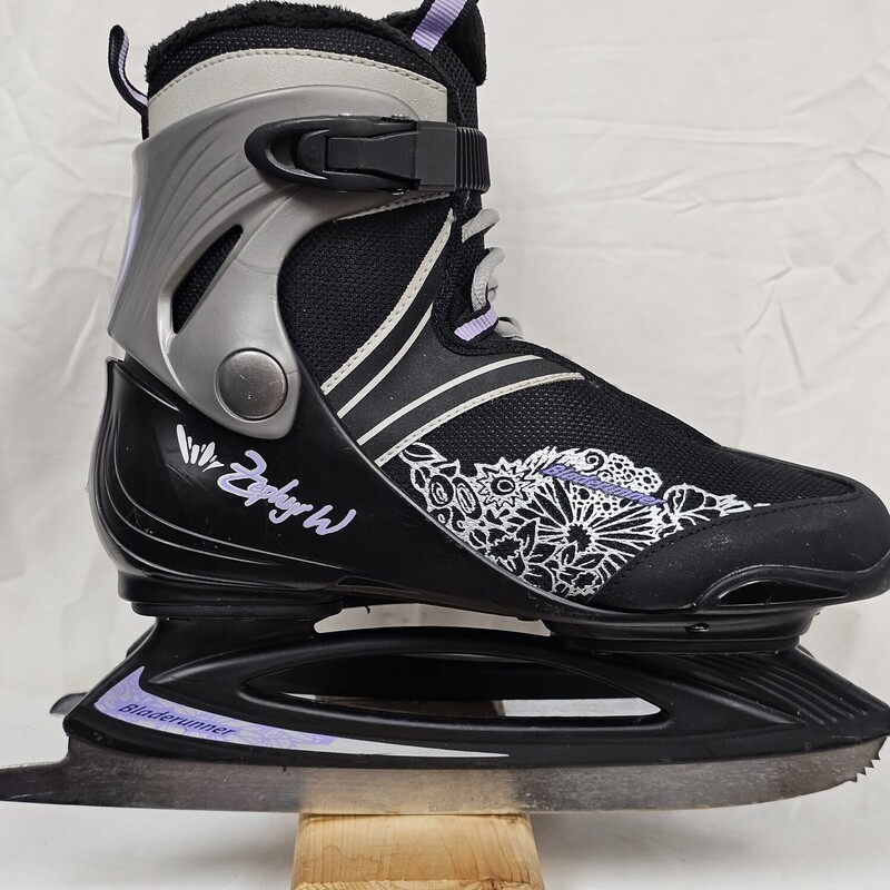 Bladerunner Zephyr W Women's Figure Skates<br />
Size 9 Women's<br />
Pre-Owned: Excellent Condition<br />
Boot is in excellent condition.  No rips or tears on inner lining.  Only a couple small scuffs on out side of boot.<br />
Blades are in excellent condition.  Straight, no gouges, and 11/16 inch of blade on rocker
