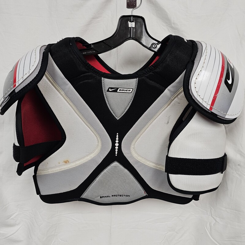 Nike Bauer Supreme 10 Shoulder Pads
Size: Senior Large
Pre-Owned: Excellent Condition
No rips or tears.  Elastic straps show no signs of being overstreched.  Velcro is in excellent working order.