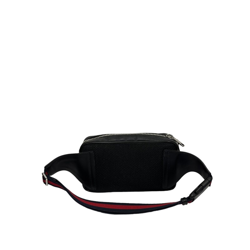 Gucci GG Belt Bag, Black, Size: OS

Dimensions:
9.4 W x 5.5 H1 x 2.1 D
Belt length: adjustable from 33.4 to 45.2

A small pouch made from incredibly malleable soft GG Supreme. The adjustable waist strap features the House Web stripe in blue and red.