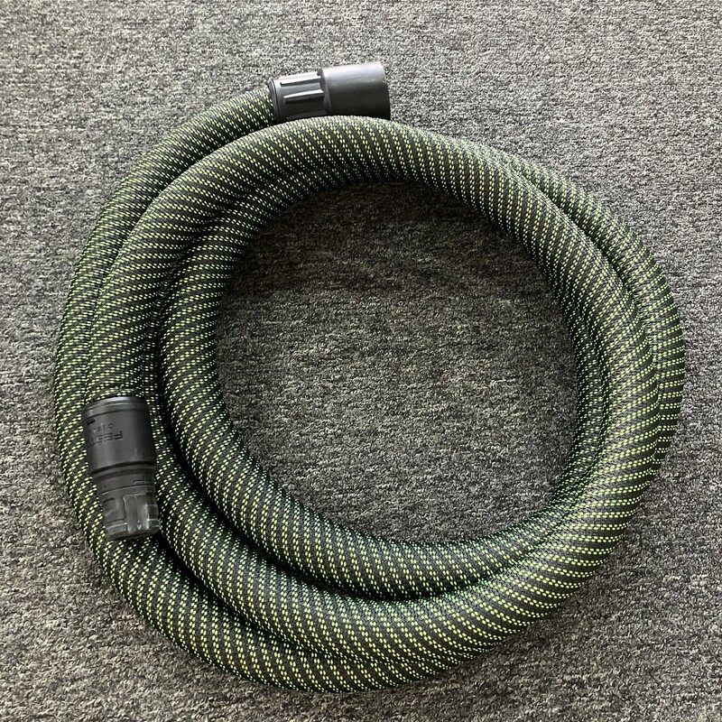 Anti Static Hose, Festool, Size: 11.5ft

Anti-static design helps to eliminate dust particle buildup on the hose exterior, also preventing clogging and errant shocks. Includes rotating connector (extractor end) and reducing sleeve (tool end.) For use with CT 26 E, CT 36E, CT 48 E and CT 36 AC.

Robust, smooth outer skin prevents the suction hose from becoming caught
Internal, extremely elastic suction hose for maximum flexibility
The CLEANTEC extraction sleeve securely connects the suction hose and power tool with bayonet fitting
Antistatic
Temperature-resistant to 158 °F (+70°C)
With rotating adapter and connector
Smooth